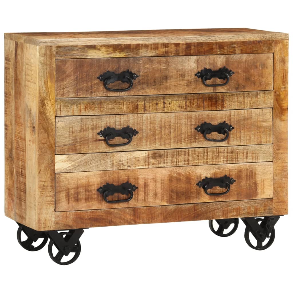 Sideboard with 3 Drawers 80x30x65 cm Solid Rough Wood Mango, featuring cast iron wheels for easy mobility.