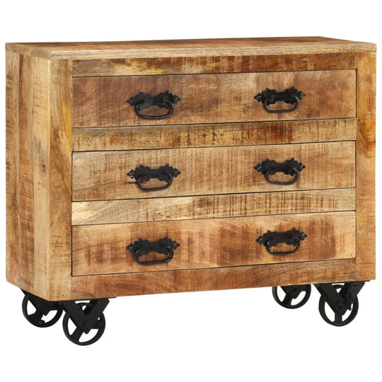 Sideboard with 3 Drawers 80x30x65 cm Solid Rough Wood Mango, featuring cast iron wheels for easy mobility.