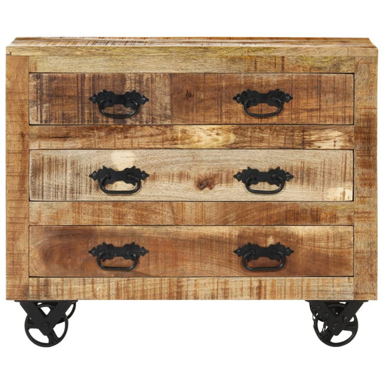 Sideboard with 3 Drawers 80x30x65 cm Solid Rough Wood Mango featuring rustic design and cast iron wheels.