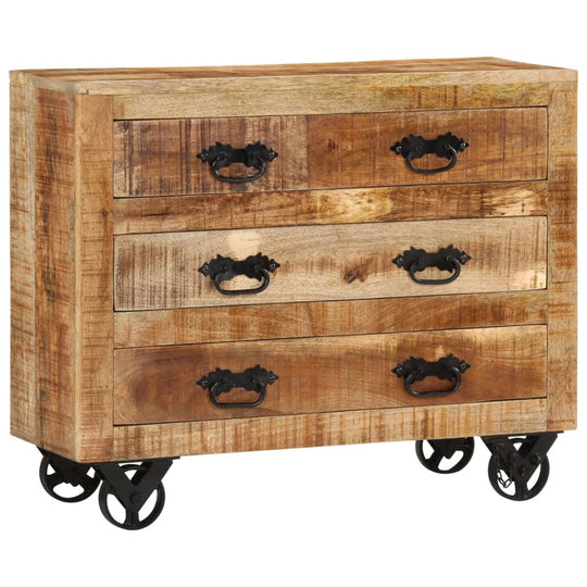 Sideboard with 3 Drawers 80x30x65 cm Solid Rough Wood Mango featuring vintage design and cast iron wheels.