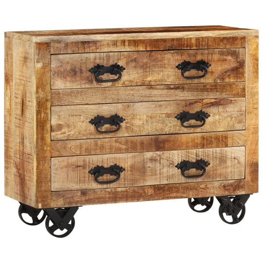 Sideboard with 3 Drawers 80x30x65 cm Solid Rough Wood Mango featuring retro style design and cast iron wheels.
