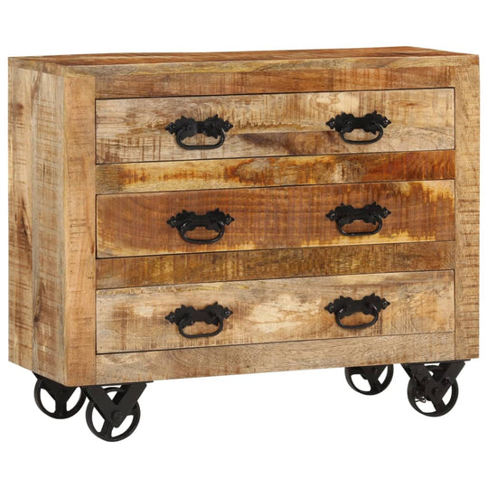 Sideboard with 3 Drawers 80x30x65 cm Solid Rough Wood Mango featuring a retro design and cast iron wheels.