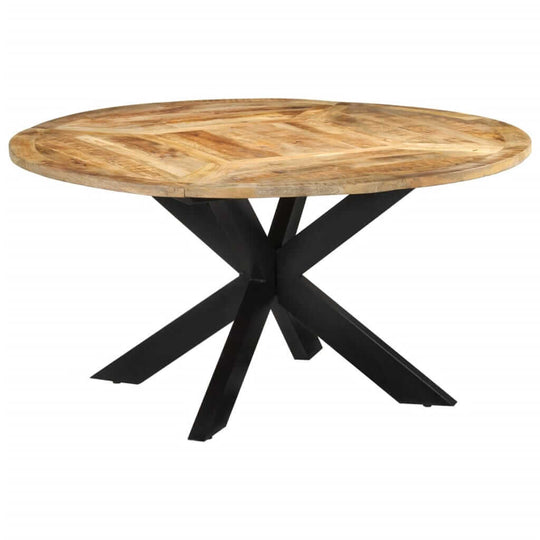 Solid mango wood round dining table Ø150x76 cm with sturdy black metal frame, perfect for outdoor furniture and lounge spaces.