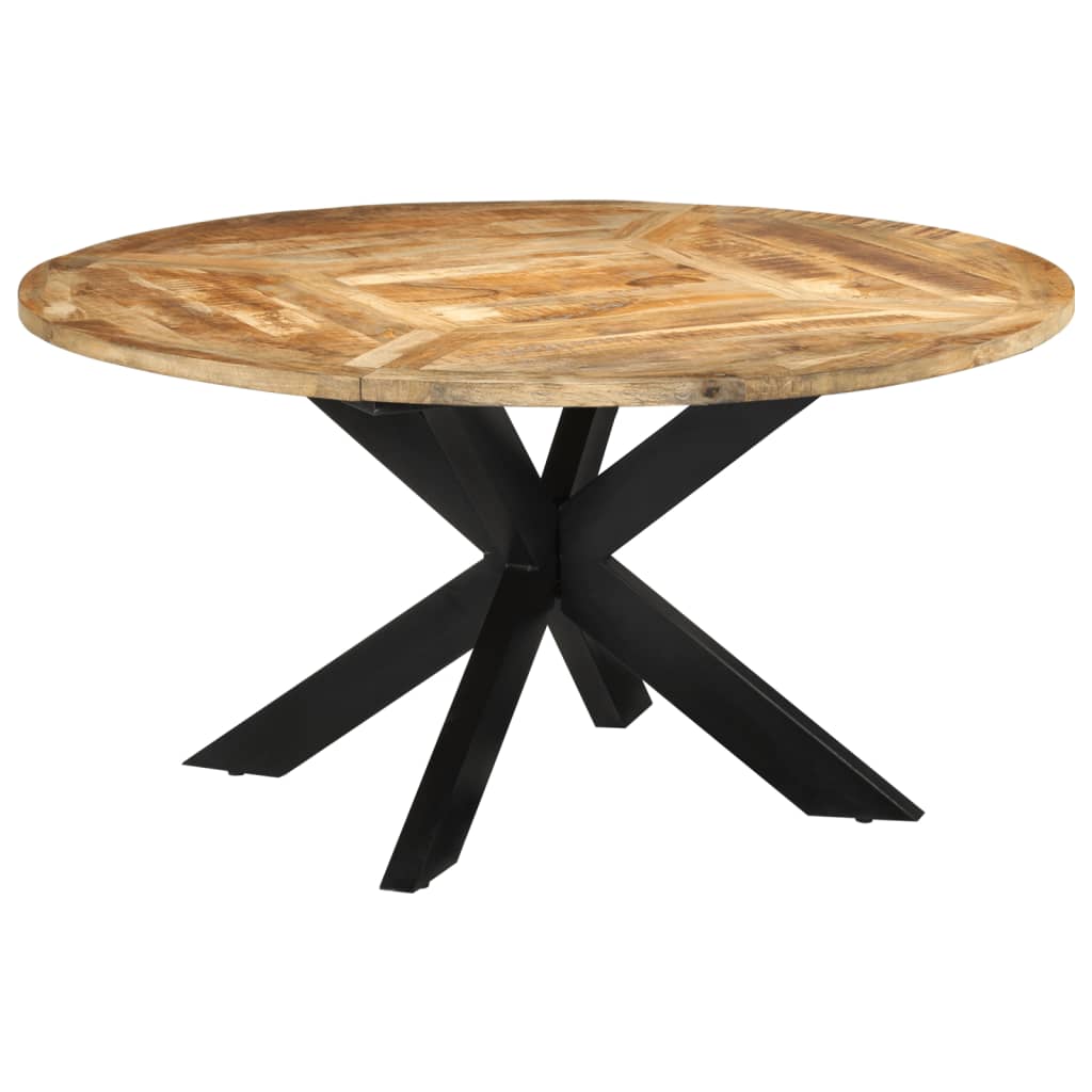 Round dining table made of solid mango wood with a sturdy metal frame, perfect for outdoor furniture and lounge areas.