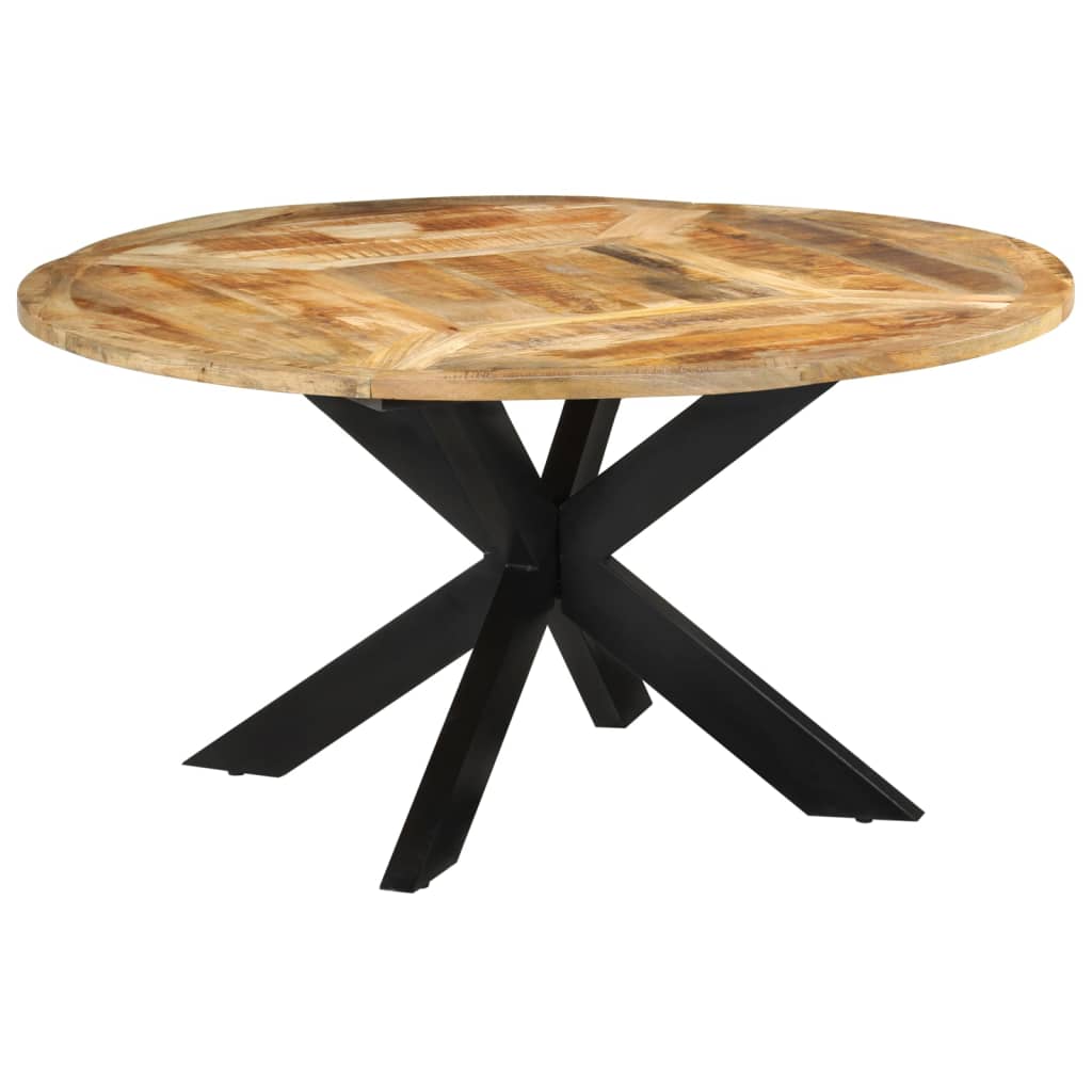 Solid mango wood dining table Ø150x76 cm with a sturdy black metal frame, adding vintage charm to any living space.