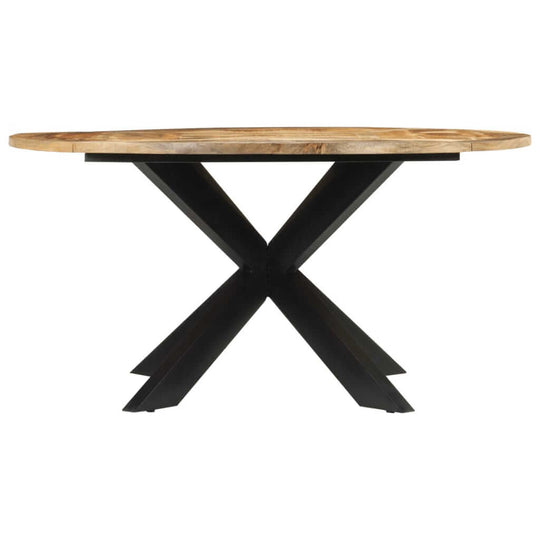 Solid mango wood dining table Ø150x76 cm with sturdy metal frame, perfect for vintage-inspired living room or outdoor furniture.