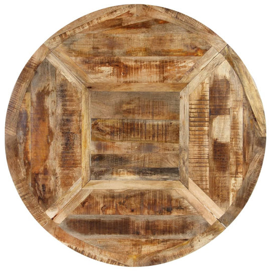 Top view of round dining table made from solid rough mango wood, showcasing unique grain patterns and vintage charm.