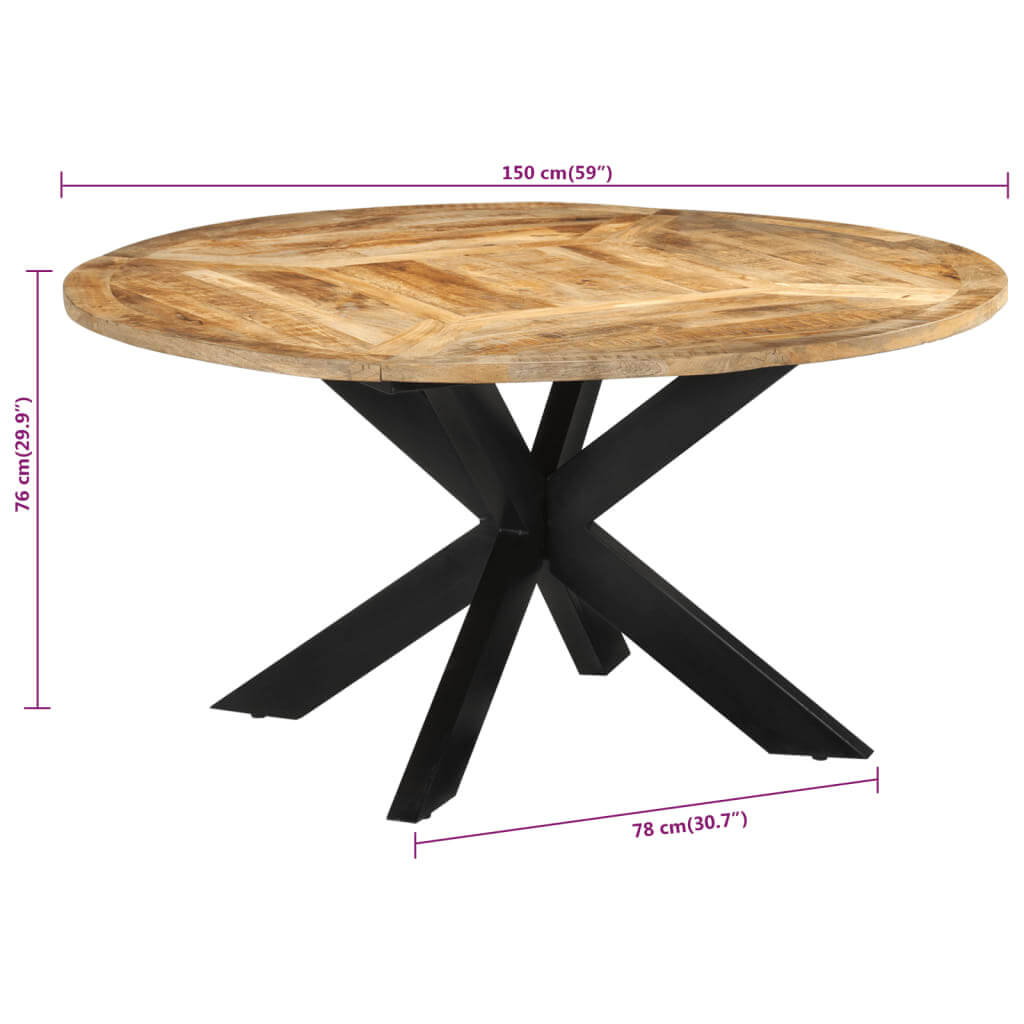 Solid mango wood dining table Ø150x76 cm with a stylish metal frame, perfect for lounge and outdoor furniture.