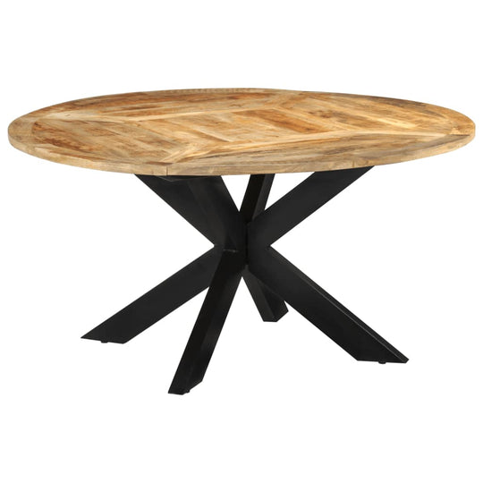 Solid mango wood dining table Ø150x76 cm with sturdy black metal frame, perfect for outdoor lounge and dining setups.