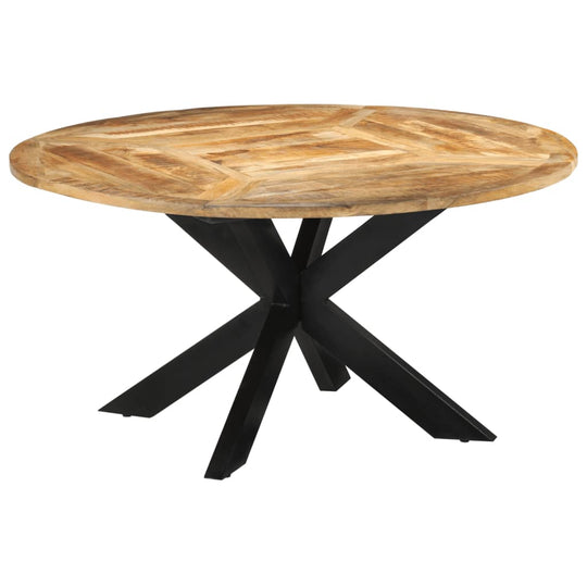 Solid mango wood dining table Ø150x76 cm with sturdy metal frame, perfect for indoor or outdoor lounge furniture.