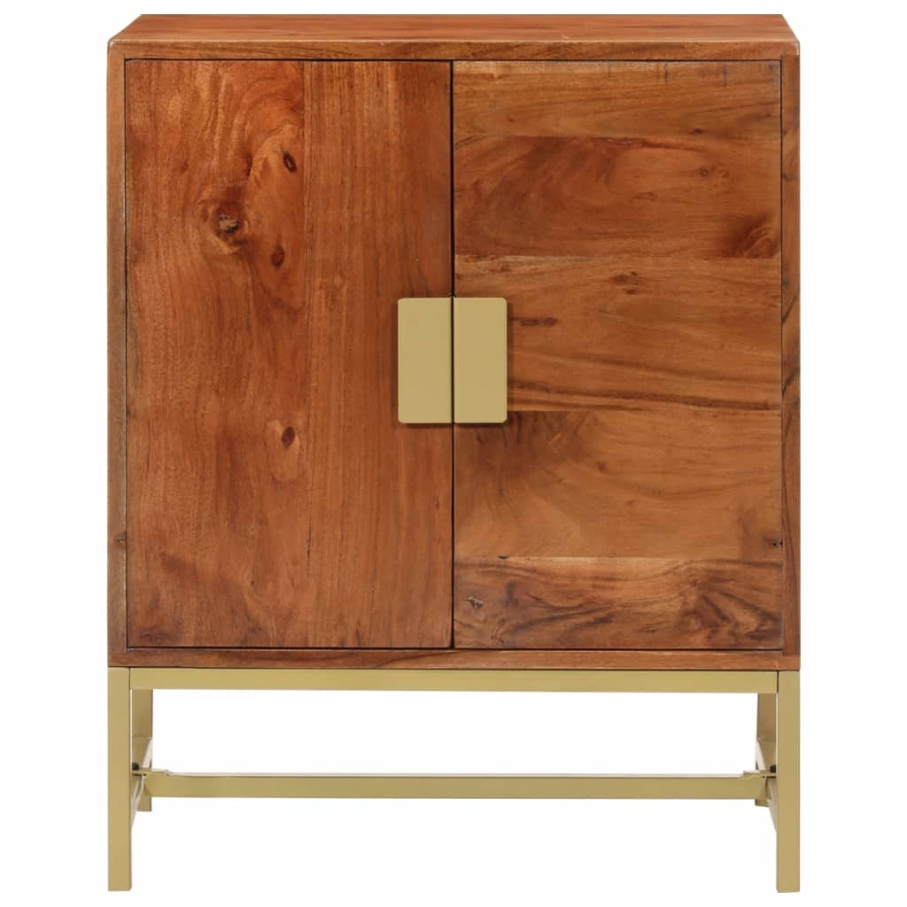 Vintage style sideboard made of solid acacia wood with gold metal accents and two doors, perfect for interior decor.