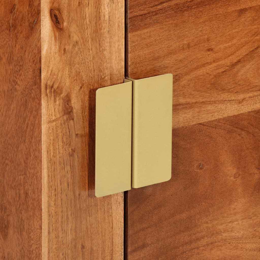 Close-up of gold handle on solid acacia wood sideboard, highlighting vintage design and craftsmanship.