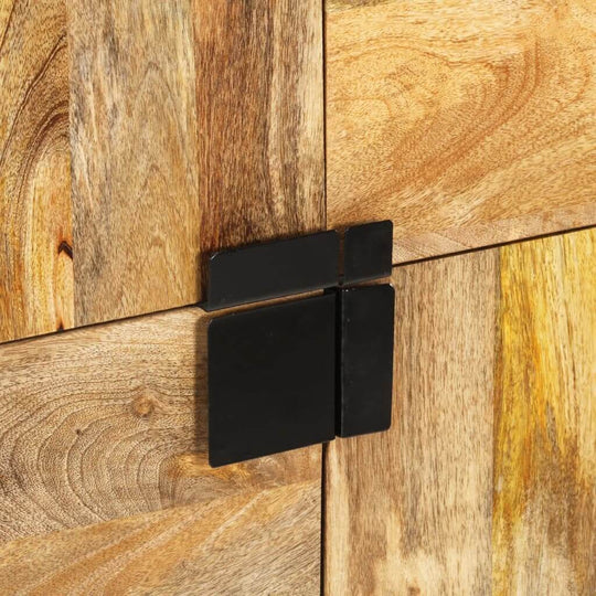 Highboard 80x30x95 cm Solid Rough Wood Mango with metal handle detail, showcasing unique wood grain and sturdy design.