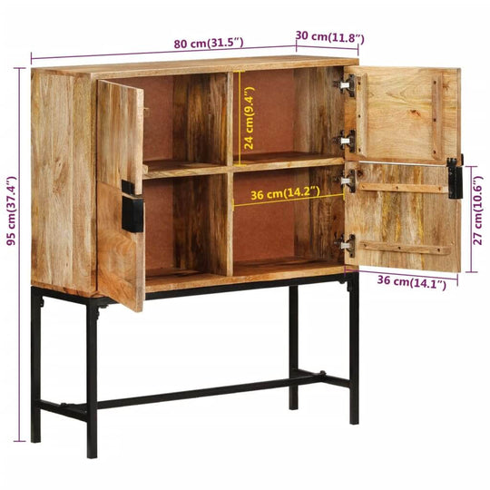 Highboard 80x30x95 cm Solid Rough Wood Mango with metal frame and open compartments, showcasing vintage style and sturdy design.