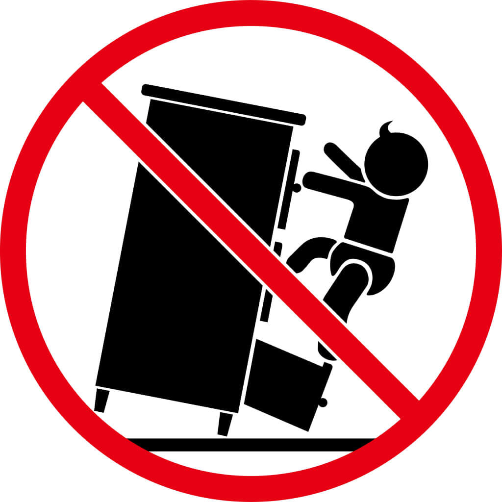Safety warning sign showing a child climbing on an unsecured cabinet, emphasizing the risk of tipping furniture.