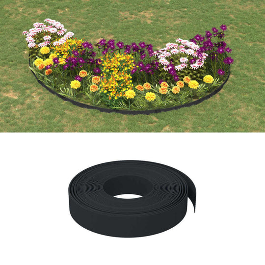 Garden edgings in black polyethylene, creating a neat border for colorful flower beds on a grassy landscape.