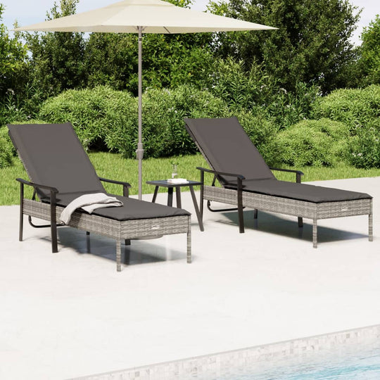 Sun Loungers 2 pcs with Table and Cushions Poly Rattan , lounger , eligant,Furniture -,Home & Garden -,Modern Design,new-305021,Outdoor Furniture -,Outdoor Furniture Sets,Outdoor Seating -