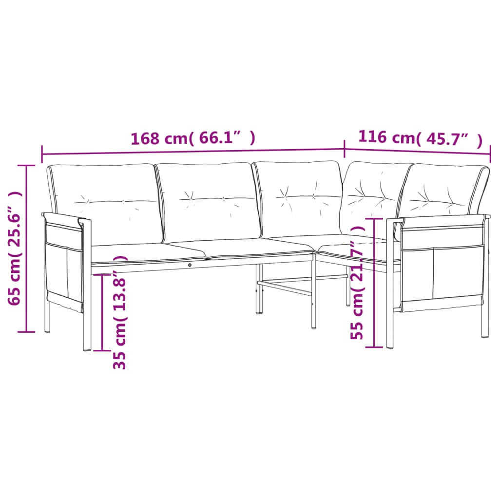 Dimensions diagram of Garden Corner Sofa Steel and Textilene showing measurements in centimeters and inches.