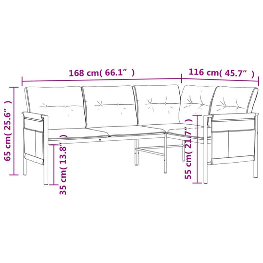 Dimensions diagram of Garden Corner Sofa Steel and Textilene showing measurements in centimeters and inches.