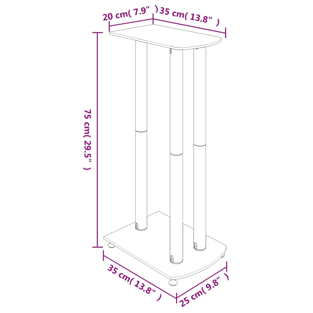 Dimensions of black tempered glass speaker stands, showing height 75cm, width 35cm, and base 25cm for optimal sound system setup.