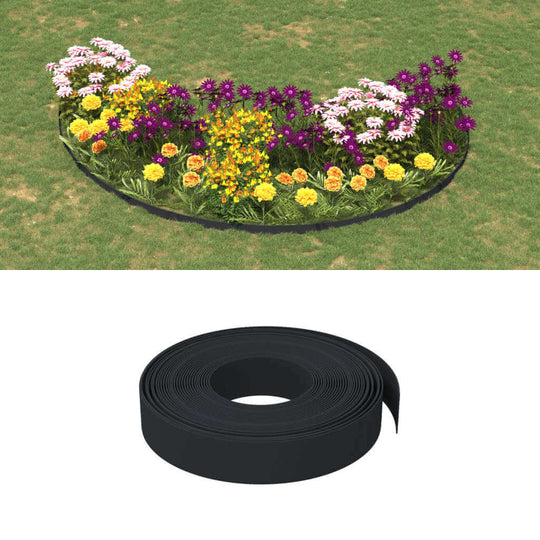 Flexible black polyethylene garden edging roll and flower bed design, ideal for creating attractive borders and paths.