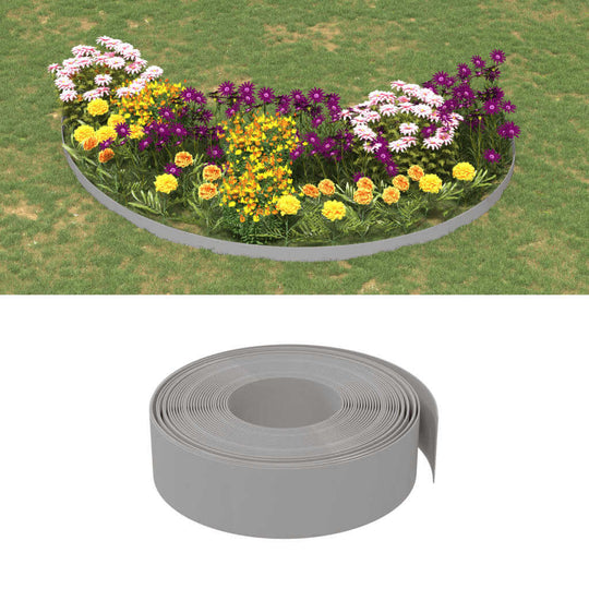 Flexible grey garden edging roll for flower beds and borders, showcasing durability and ease of use in outdoor settings.