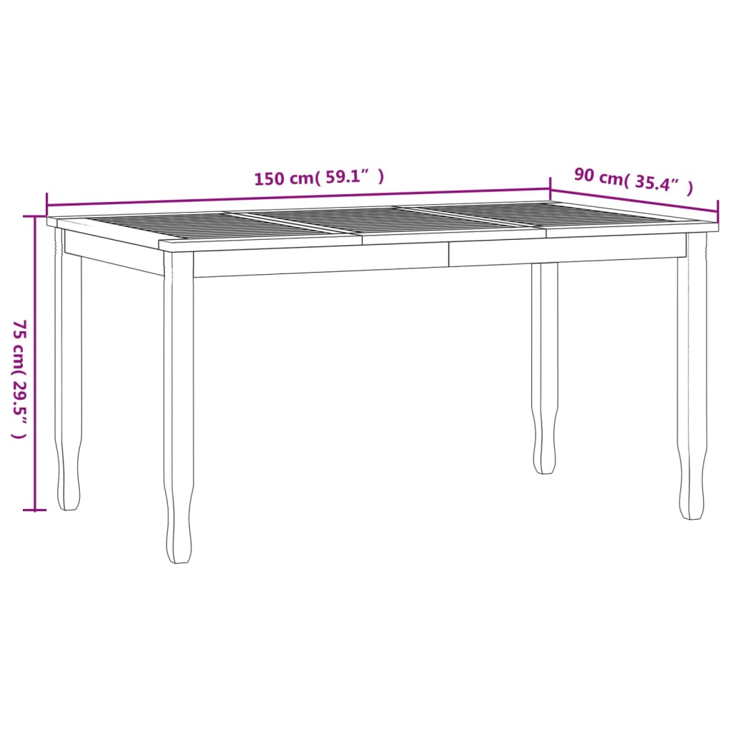 Dimensions of a solid wood teak garden dining table, measuring 150 cm x 90 cm x 75 cm, illustrated for easy reference.