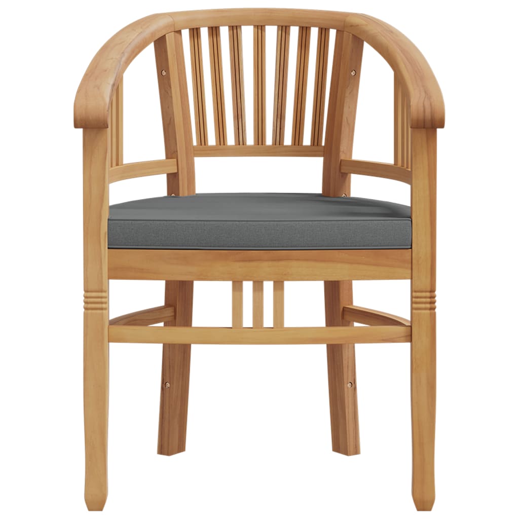 Elegant teak wood garden chair with ergonomic design and gray cushion for outdoor dining comfort.