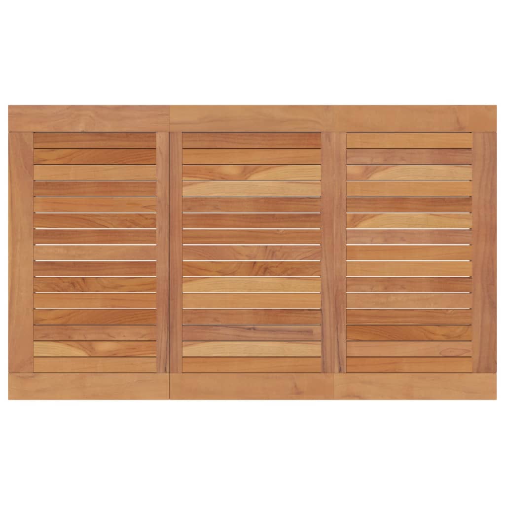 Solid teak wood slatted panel showcasing natural grain and smooth finish for outdoor furniture or decor.