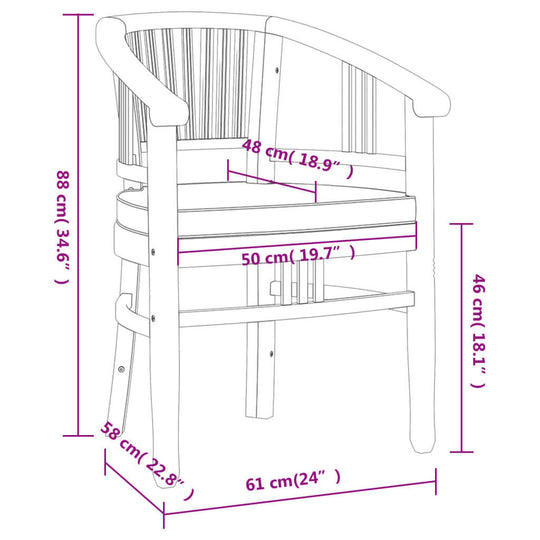 Detailed diagram of a wooden garden dining chair with dimensions indicated in centimeters and inches for reference.