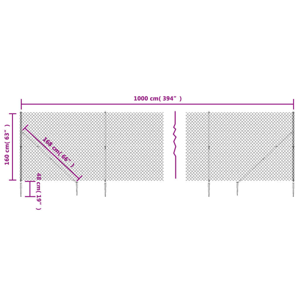 Chain link fence dimensions showing height of 160 cm and width of 1000 cm with spike anchors for secure installation.