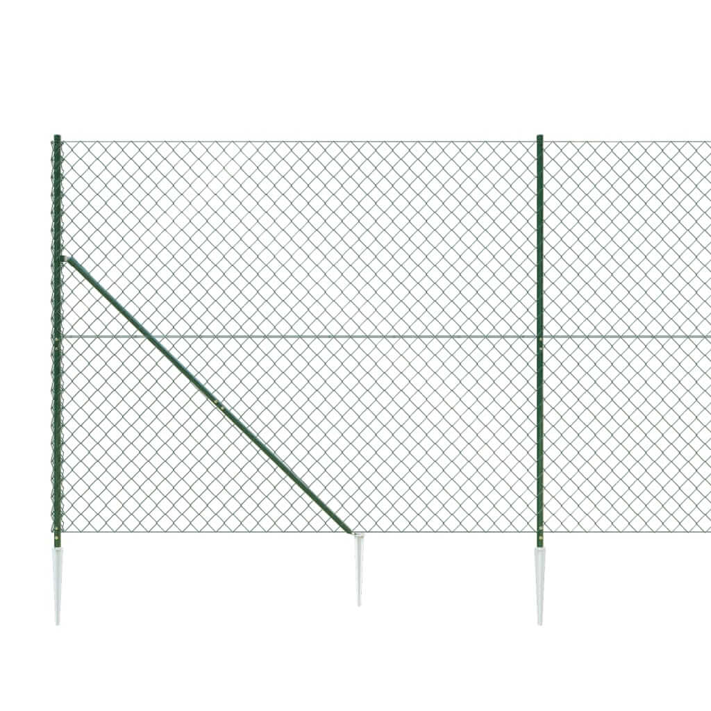 Green chain link fence with spike anchors, ideal for outdoor security and animal enclosures, showcasing sturdy steel construction.