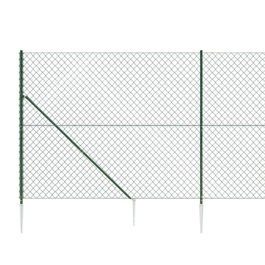 Green chain link fence with spike anchors, ideal for outdoor security and animal enclosures, showcasing sturdy steel construction.