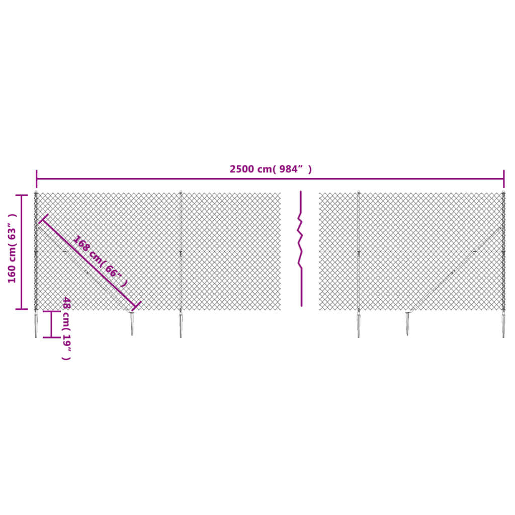 Dimensions of green chain link fence with spike anchors, 1.6 m high and 25 m long, ideal for outdoor use.