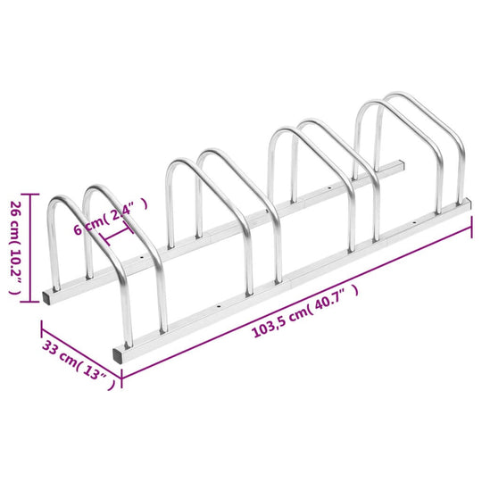 Galvanised steel bike rack for 4 bikes, showing dimensions of 26 cm height, 103.5 cm length, and durable design for outdoor use.