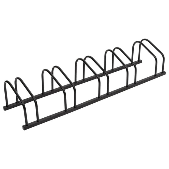 Black steel bike rack for 5 bicycles, designed for organization and stability in garages or small businesses.