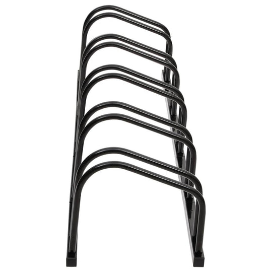 Black steel bike rack for 5 bikes, showcasing a durable, organized storage solution for families and small businesses.