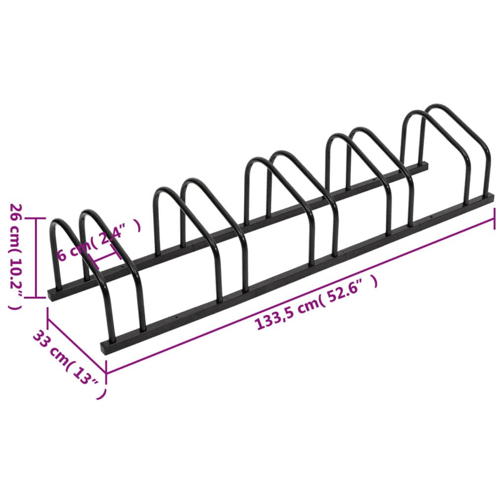 Steel bike rack for 5 bikes, measuring 133.5 cm x 33 cm x 26 cm, ideal for organized bike storage in garages.