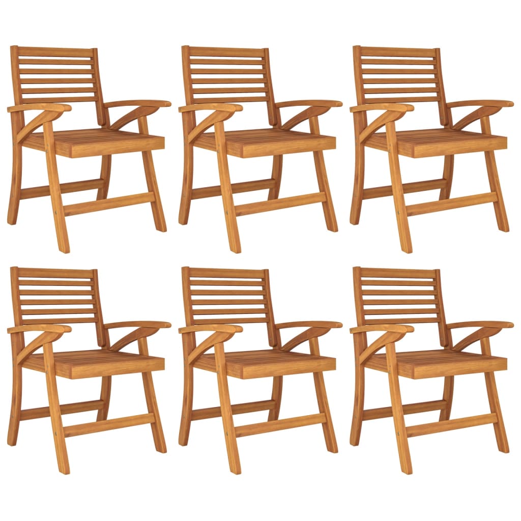 Set of six solid acacia wood dining chairs with curved armrests, perfect for outdoor furniture and family gatherings.