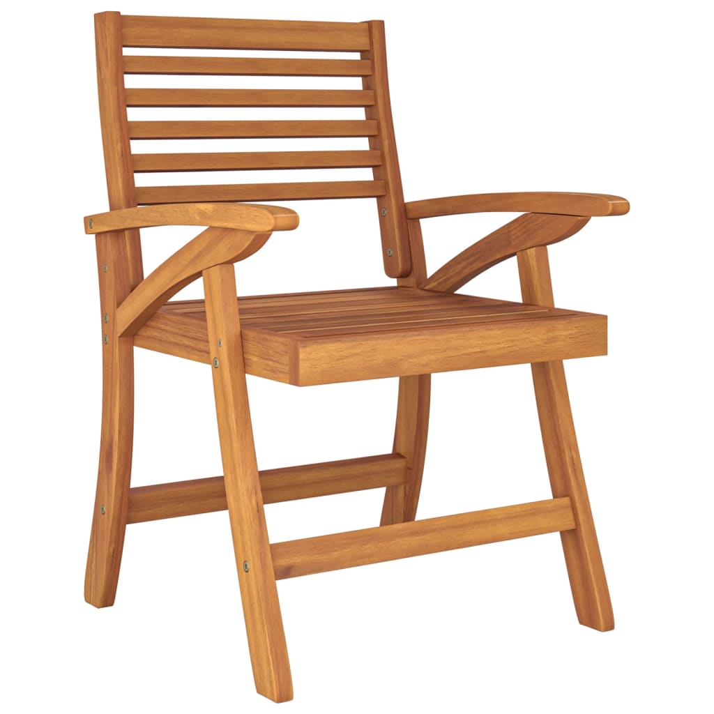 Wooden garden dining chair made of solid acacia wood with a slatted back and armrests, perfect for outdoor dining.