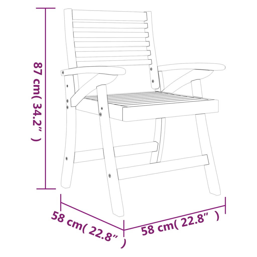 Dimensions of a solid acacia wood garden dining chair, measuring 87 cm tall and 58 cm wide, highlighting outdoor furniture design.