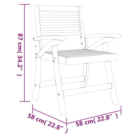 Dimensions of a solid acacia wood garden dining chair, measuring 87 cm tall and 58 cm wide, highlighting outdoor furniture design.