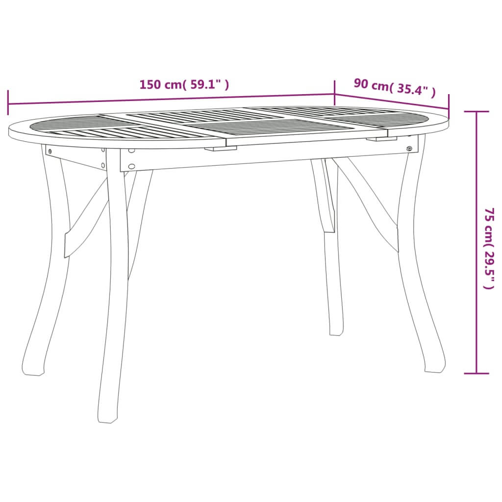 Dimensions of a solid acacia wood garden dining table measuring 150 cm x 90 cm x 75 cm, ideal for outdoor furniture setups.