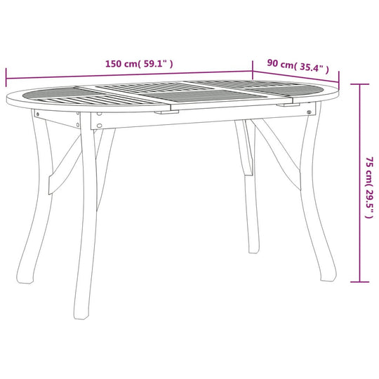 Dimensions of a solid acacia wood garden dining table measuring 150 cm x 90 cm x 75 cm, ideal for outdoor furniture setups.