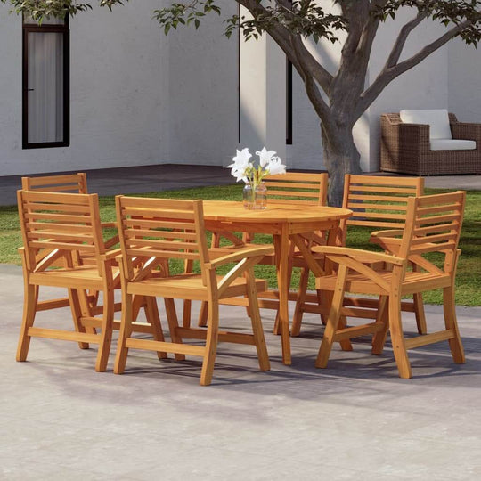 7 piece solid acacia wood garden dining set with curved chairs and a round table, perfect for outdoor meals and gatherings.