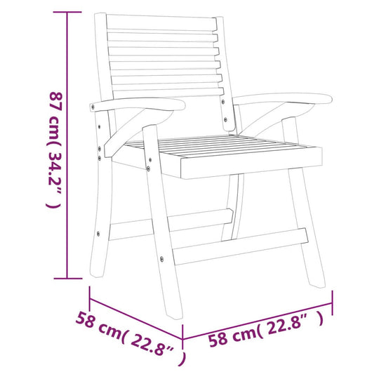 Dimensions of 7 Piece Garden Dining Set Chair in solid acacia wood, 87 cm height, 58 cm width, perfect for outdoor furniture.