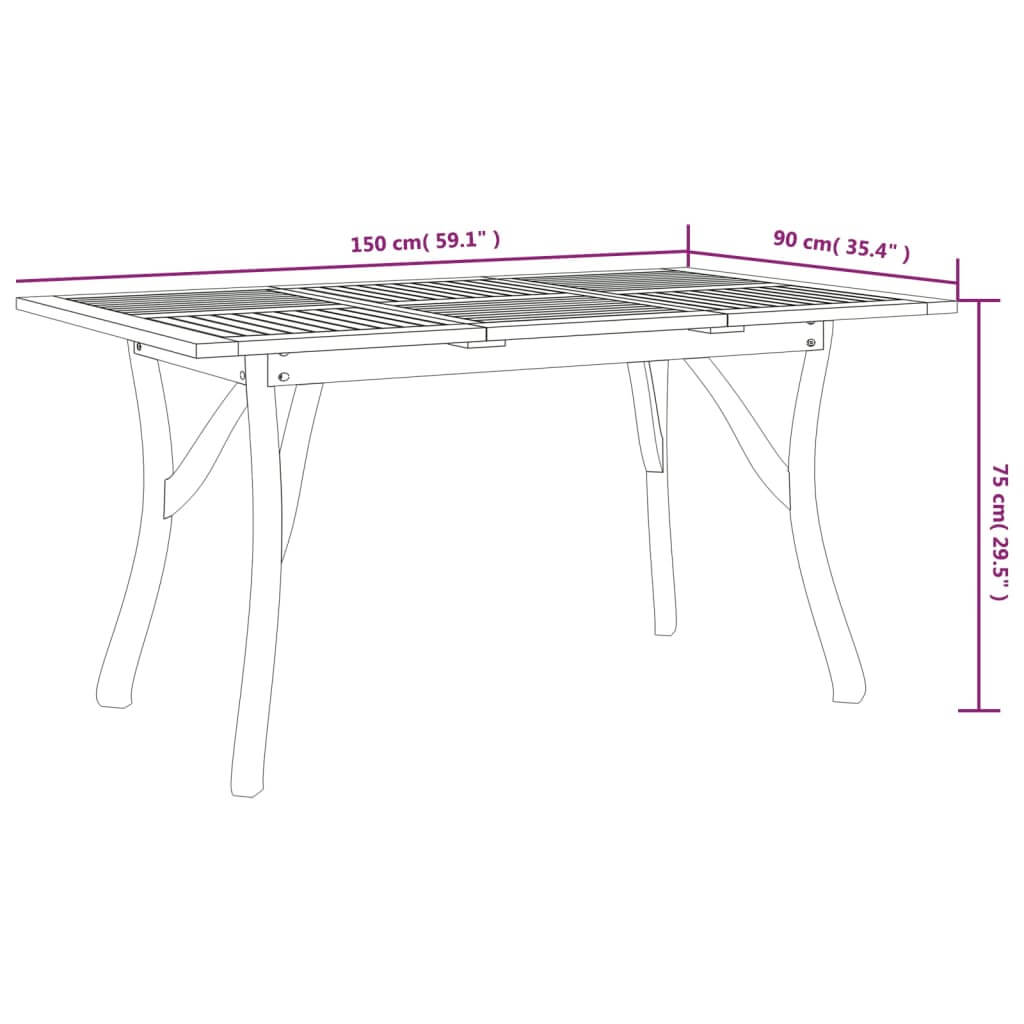 Dimensions of a solid acacia wood garden dining table, measuring 150 cm x 90 cm x 75 cm, ideal for outdoor lounging.