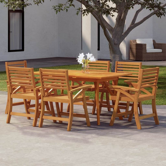 7 piece solid wood acacia garden dining set in outdoor setting with flowers on table, ideal for family meals and relaxation.