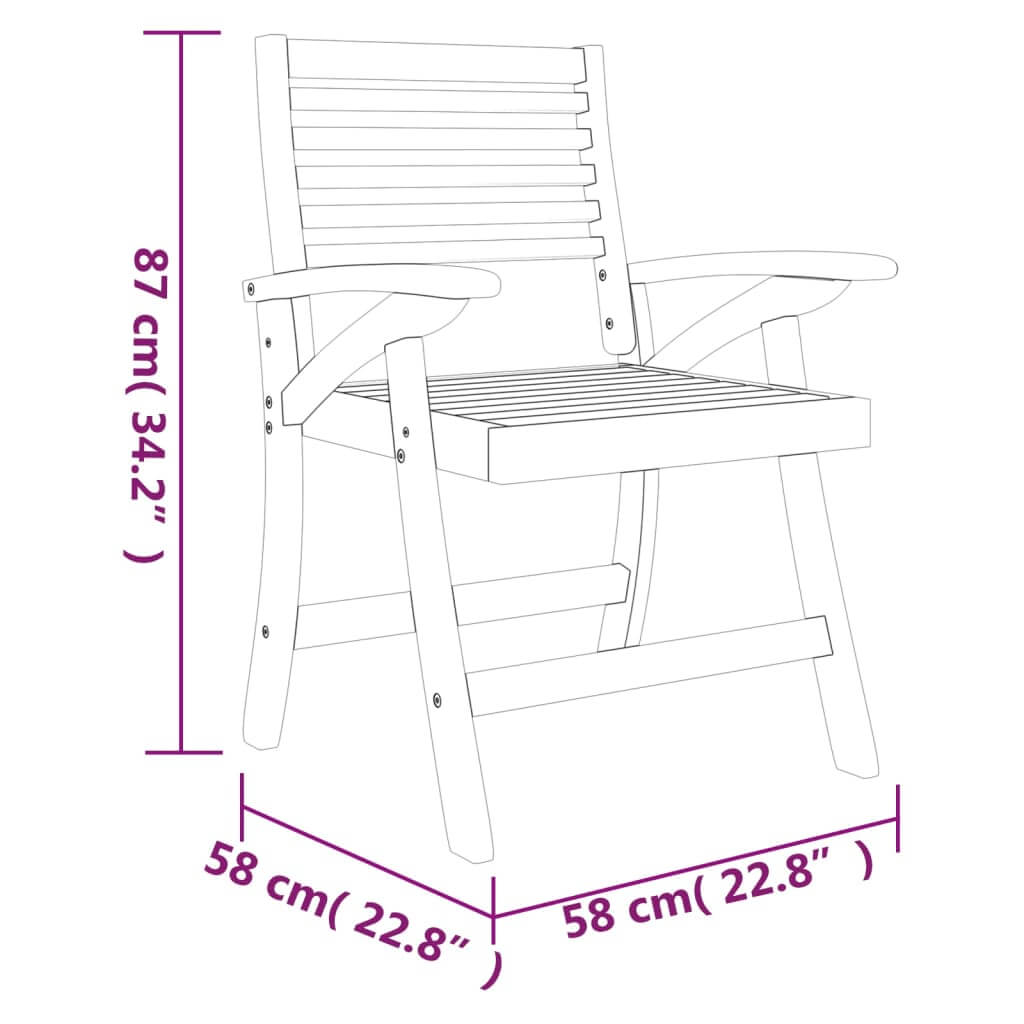 Dimensions of garden chair: 87 cm height, 58 cm width, solid acacia wood design for outdoor comfort and style.