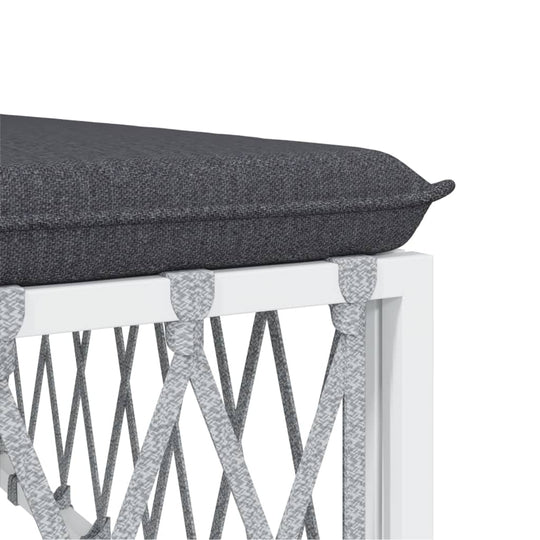 Close-up of gray cushion on a white garden corner sofa, featuring woven fabric and sturdy frame design for outdoor furniture.